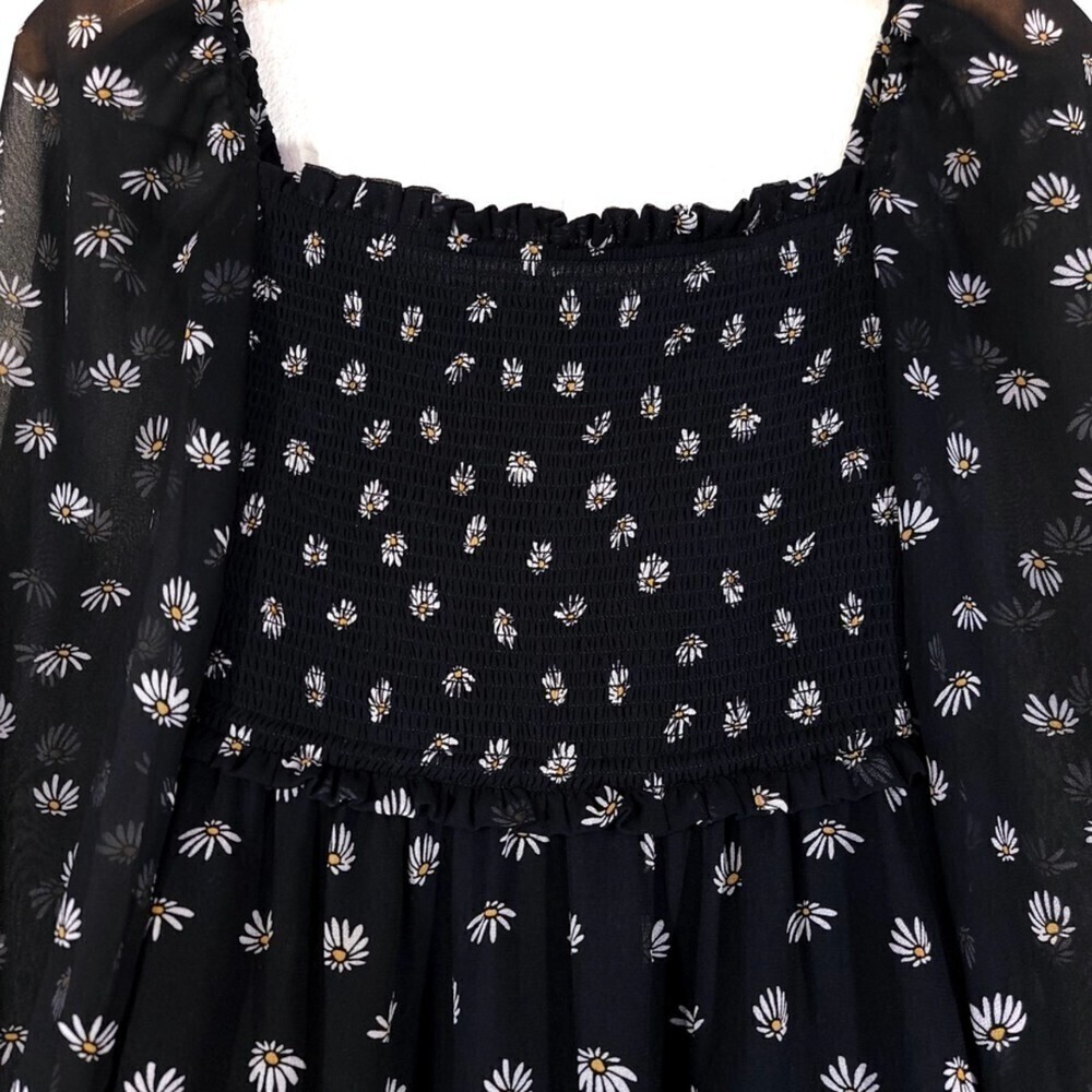 NEW Wilfred Laken Mini Dress Sheer Puff Sleeve Smocked in Black Daisy Floral XXS - Picture 5 of 13